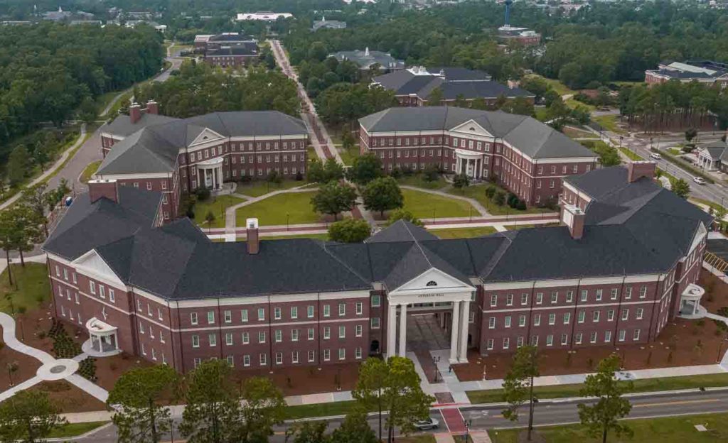 Veterans Hall finished in 2020 and completed the Health and Human Services Quad connecting McNeill Hall and Teaching Lab.  PHOTO BY: JEFF JANOWSKI/UNCW